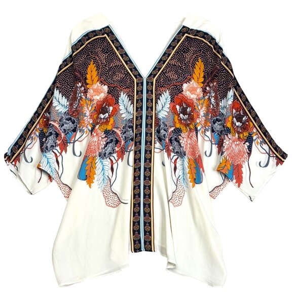 Rose + Olive Cream Multi Boho Floral Dolman 3/4 Sleeve Flowy Blouse Kimono Sz 1X - Picture 1 of 7